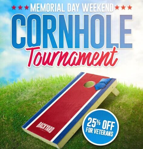 Flyer for Memorial Day Cornhole Tournament at The Backyards on May 24, 2025, featuring prizes