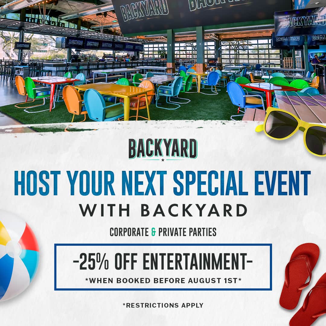 Promotional graphic for Backyard event venue featuring colorful seating, event space amenities, and a discount offer for private parties and corporate events.